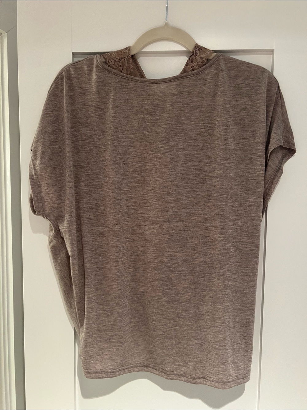 SHEIN curve Taupe Short Sleeve Top with Lace Back and twist back